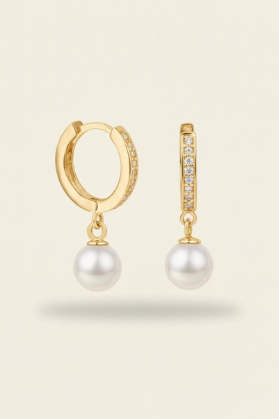mefshop 925 Ayar Gümüş Zirkon Taşlı 6 mm Gold Renk İncili Halka Küpe