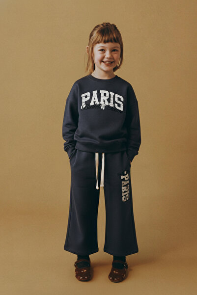 Magu Girl's Cotton Navy Blue Text Printed Tracksuit Set - Crew Neck Sweatshirt Pants 2-Piece Set