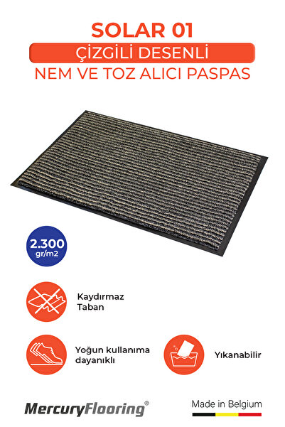 Zemincim Solar 01 Bej – Çizgili Desenli, Bordürlü Kapı Önü Paspası