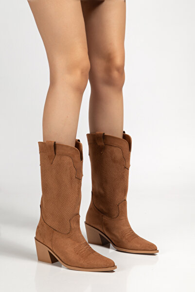 DENORA Taba Mat Süet Ara Boy Delikli Yazlık Sivri Burun Western Kovboy Bot