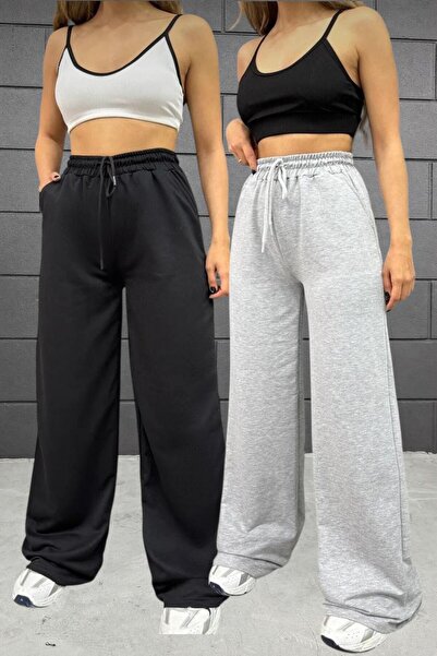 Le Vion Women's Baggy Loose-Fitting Two-Piece Black and Gray Loose-Fit Sweatp...