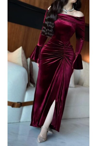 tsuwahen فستان سهرة فاخر باللون العنّابي المخملي