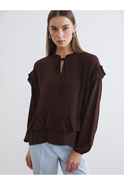LC Waikiki Brown Tie Neck Oversized Ruffle Blouse