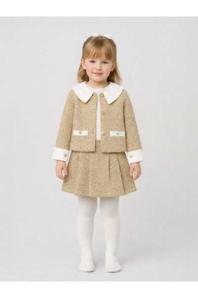 KATIA Kız Çocuk Şık Tüvit Ceket Etek Takım – Beyaz Yaka Detaylı, 2-3-4-5 Yaş