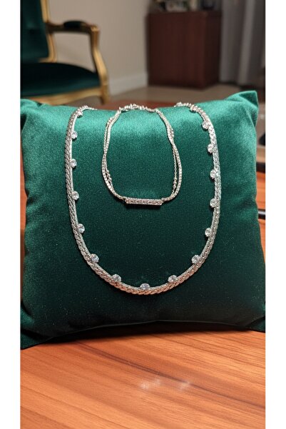 SR Jewelry Box Gümüş Renk Taş Detaylı Kolye & Bileklik Set | Minimal Şık Komb...