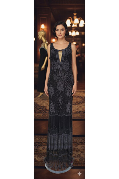 Zeyn KADIN ABİYE KASNAK İŞ BOCUK VE SAÇAKLI UZUN ELBİSE