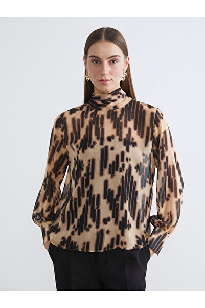 LC Waikiki بلوزة شيفون منقوشة ياقة مرتفعة متوسطة الطول باللون البني