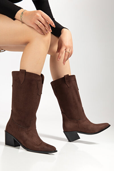 DENORA Kahve Mat Süet Ara Boy Delikli Yazlık Sivri Burun Western Kovboy Bot