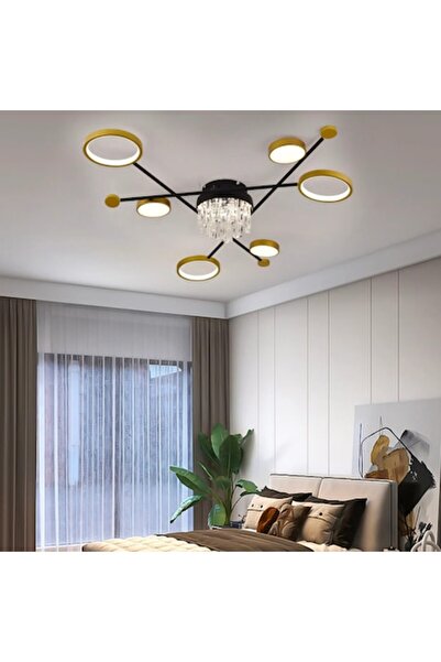 OEM GUIDA LED Chandelier with Remote and Crystals, 38W, 6 Elements, Dimmable, Black/Gold