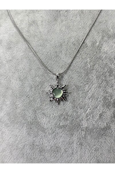 divakse Steel Necklace Sun Model Green Stone Silver