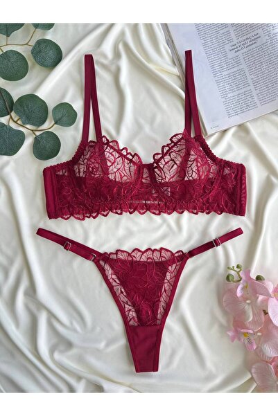 Fanwet Women's Tulle Leaf Pattern Bralette Bra Thong Underwear Set