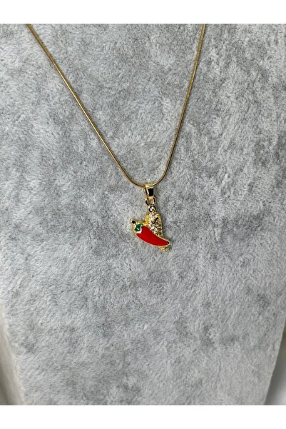 divakse Çelik kolye zirkon taşlı kırmızı acı biber gold