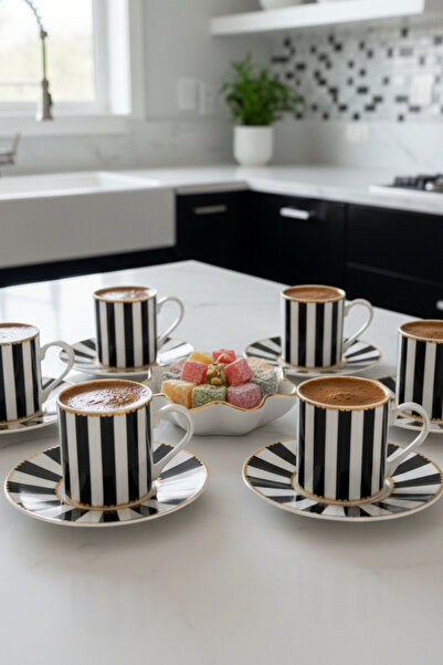 GÜLZE 6 Kişilik (12 Parça) HATIR Model İnce Porselen Kahve Fincan Takımı(Yüksek Fincan Geniş Hacim)