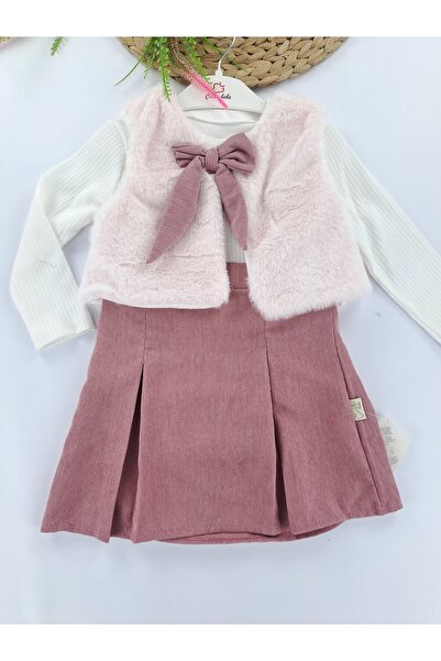 Butik Set triplu pentru fetiță, vestă de pluș, fustă Bady Badi, rochie de zi de naștere de calitate premium de iarnă