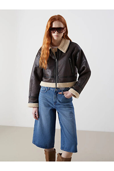 LC Waikiki Fur Collar Women's Leather-Look Coat