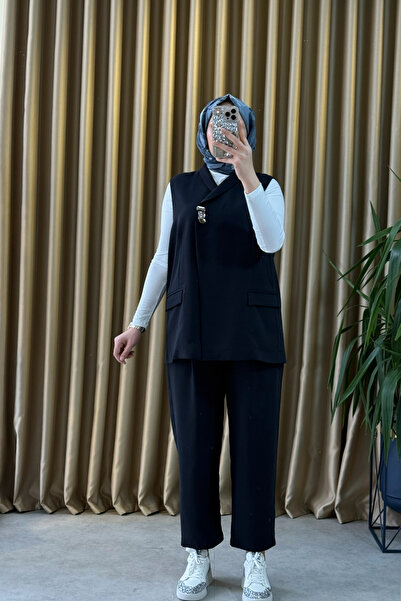 Tığ Triko Single Button Vest Pants Suit Black