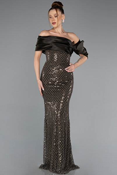 Abiyefon Haki Saten Yaka Uzun Boncuklu Abiye Elbise ABU5434