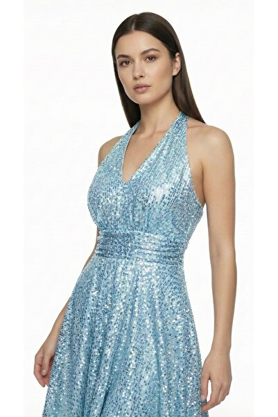 MİLLA Payetli Boyundan Bağlamalı V Yaka A-Kesim Mini Abiye Elbise