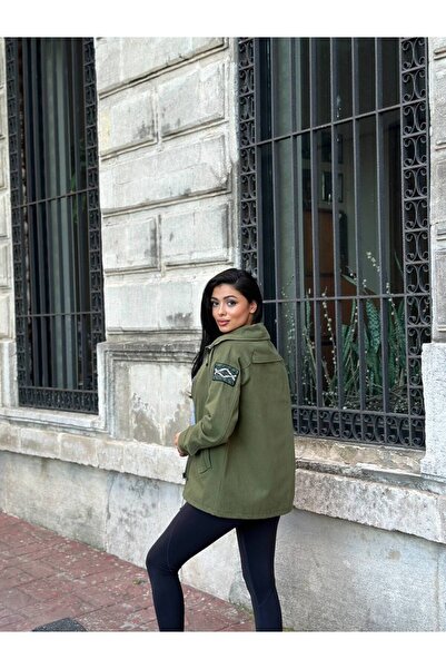 rengamoda Women's Hooded combed cotton Vest Set pocketed gabardine jacket with crest detail