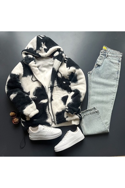 giyimadam16 Oversized - Hooded Patterned Plush Cardigan Men's Fleece Baggy Je...