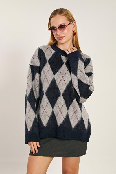 BARRELS AND OIL سترة تريكو قصة فضفاضة بنقشة البقلاوة للسيدات - أزرق داكن/رمادي