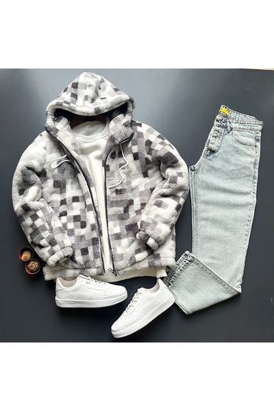 giyimadam16 Oversized - Hooded Patterned Plush Cardigan Men's Fleece Baggy Je...