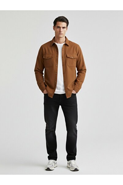Ltb Cămașă maro cu mâneci lungi și buzunar cu nasturi în față