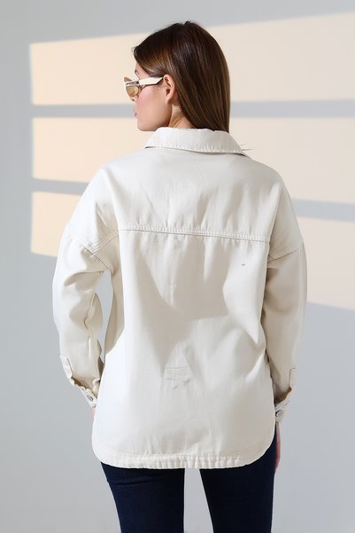 BLUE NATIONAL JEANS Women's Oversized Cut Gabardine Shirt Jacket Beige Light Color Casual Elegance -Bnj4885