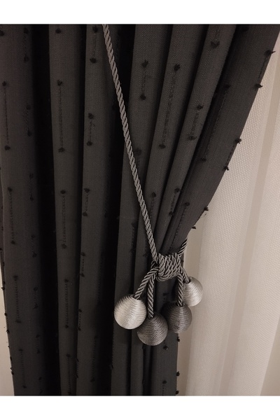 CEMRE PERDE Fon Linen Pompom Anthracite 1/3 Tight Pleated Ceiling Braçöl Gift