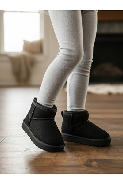 MARKABONİ Kız Çocuk Siyah Kalın Poli Taban İçi Kürklü Süet Görünümlü Mini Bot