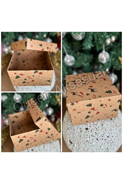 QUEEN AKSESUAR Yılbaşı temalı geyik çam ağacı yıldız süs desenli 15x15cm Kraf...