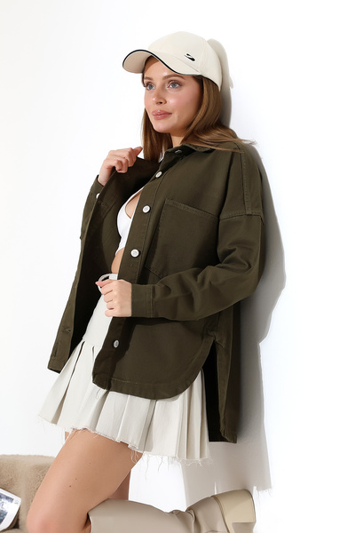 BLUE NATIONAL JEANS Kadın Oversize Kesim Gabardin Gömlek Ceket Haki Günlük Şı...