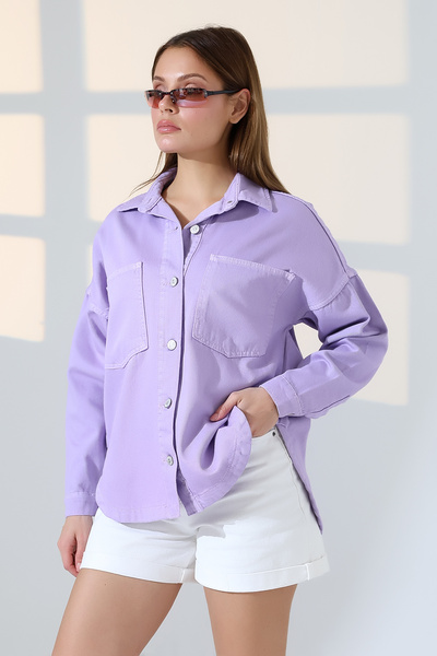 BLUE NATIONAL JEANS Kadın Oversize Kesim Gabardin Gömlek Ceket Lila Lavanta M...