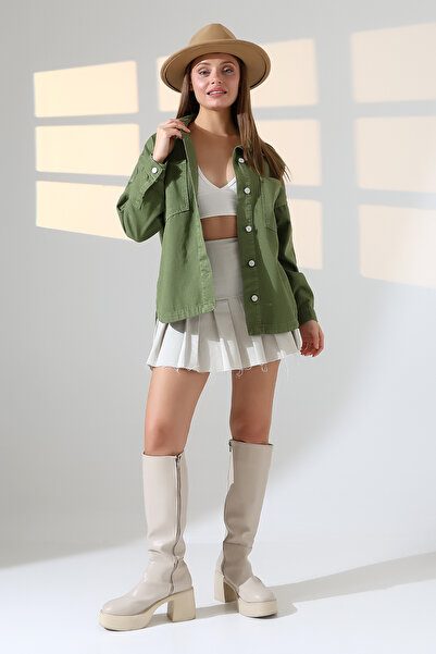 BLUE NATIONAL JEANS Kadın Oversize Kesim Gabardin Gömlek Ceket Haki Yeşili Aç...