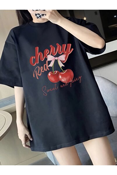 Meyar Unisex Men/Women Cherry Custom Printed Oversized Cotton Crew Neck T-Shirt
