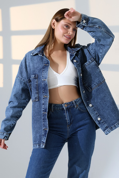 BLUE NATIONAL JEANS New Season Oversized Denim Jacket Shirt Blue Snow Wash Dark Color Casual Chic -Bnj4889