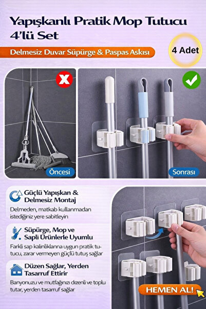 Hane Dostu Yapışkanlı Pratik Mop Tutucu 4’lü Set – Delmesiz Duvar Süpürge & P...