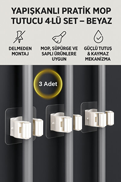 Hane Dostu Yapışkanlı Pratik Mop Tutucu 3’lü Set – Delmesiz Duvar Süpürge & P...