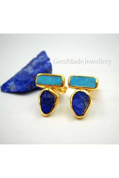 alpsilverart Ham Lapis Lazuli Ve Turkuaz Taşlı El İşi Gümüş Altın Kaplama Ota...