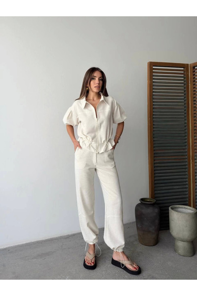 SGM BUTİK Linen Full Zipper Short Sleeve Shirt Pants Double Set - White