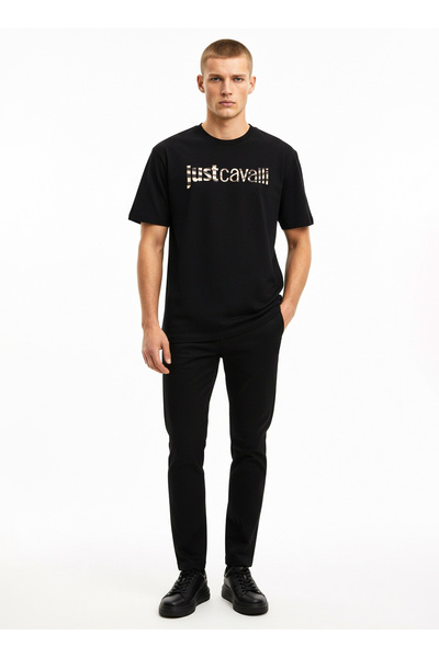 Just Cavalli Bisiklet Yaka Siyah Erkek T-Shirt 78PM601 LOGO LEO