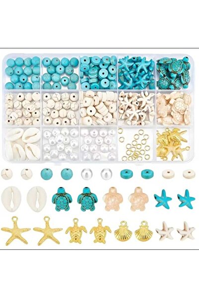 yiğit aksesuar 4 Styles Crimp Stone Turtle Starfish Round and Cube Beads Seashell Bracelet Necklace Set