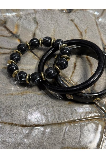 PALICE Black Stone Detailed Triple Bracelet