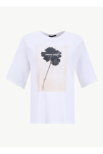 Sisley Bisiklet Yaka Baskılı Krem Kadın T-Shirt 3I1XL107Y