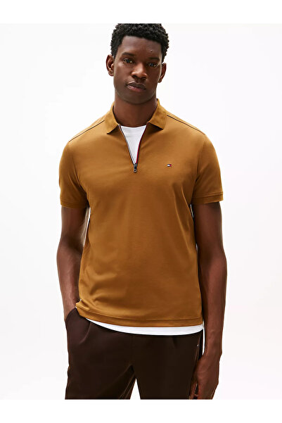 Tommy Hilfiger Men's Regular Fit Cotton Short Sleeve Zippered Brown Polo Neck...