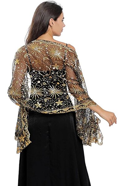 Arabest Embroidered Sequin Shawl, Stars and Moons Design, Women's Sparkly Sheer Mesh Wedding Wrap