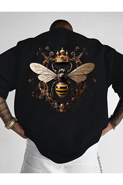 LELVANİ طباعة نمط النحل والنحل - تي شيرت بتفاصيل ذهبية اللون
