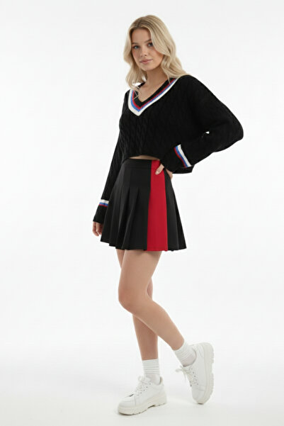 ABAY GİYİM Women's V-Neck Striped Detail Oversized Crop Sweater