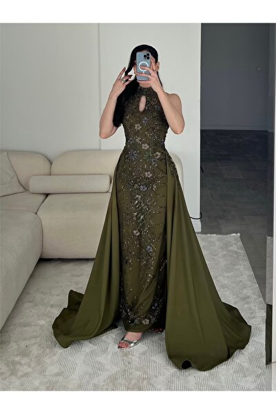 STAYILK DRESSES Olive green evening dress with crystals from