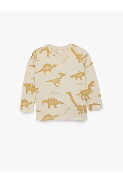Koton Bavlnené tričko s dlhým rukávom a výstrihom s potlačou dinosaurov